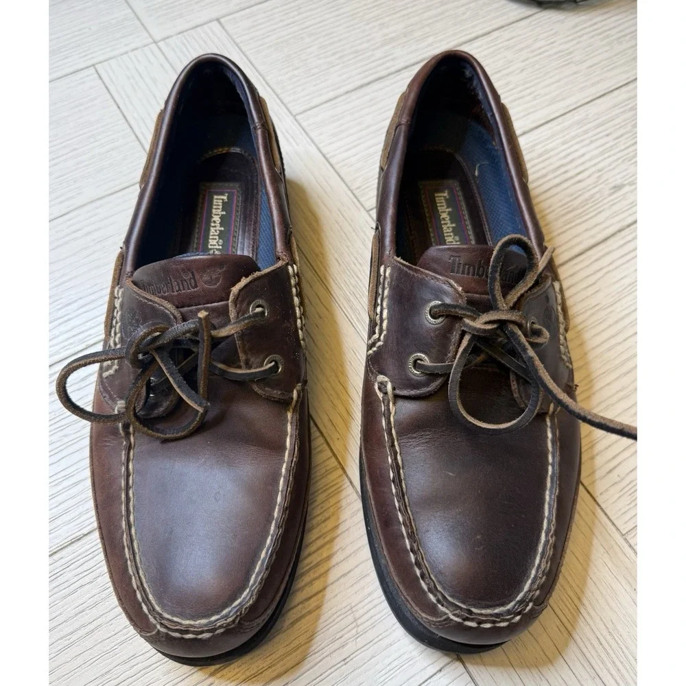 Timberland VTG Men's Boat Slip On Lace Up Brown Leather‎ Loafer Sz 9.5 M Classic